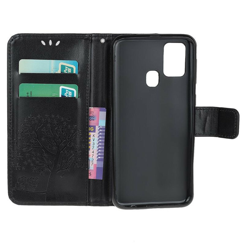 Capa De Couro Para Samsung Galaxy A21s De Cordão Tanga E Corujas