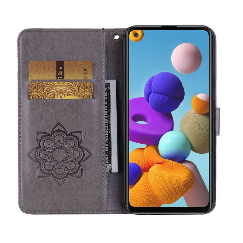 Capa De Couro Para Samsung Galaxy A21s Coruja Mandala E Charme