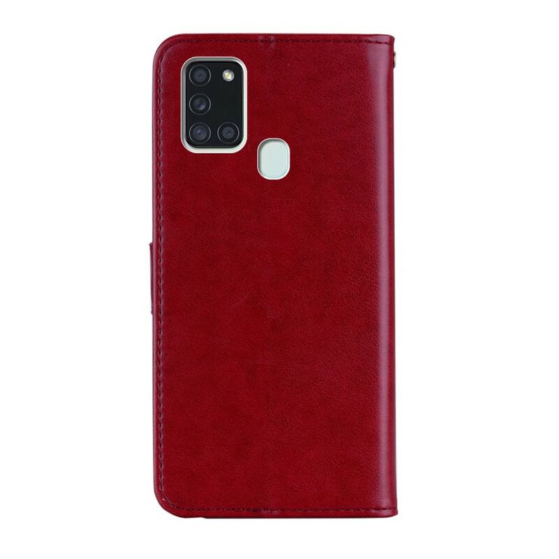 Capa De Couro Para Samsung Galaxy A21s Coruja Mandala E Cordão