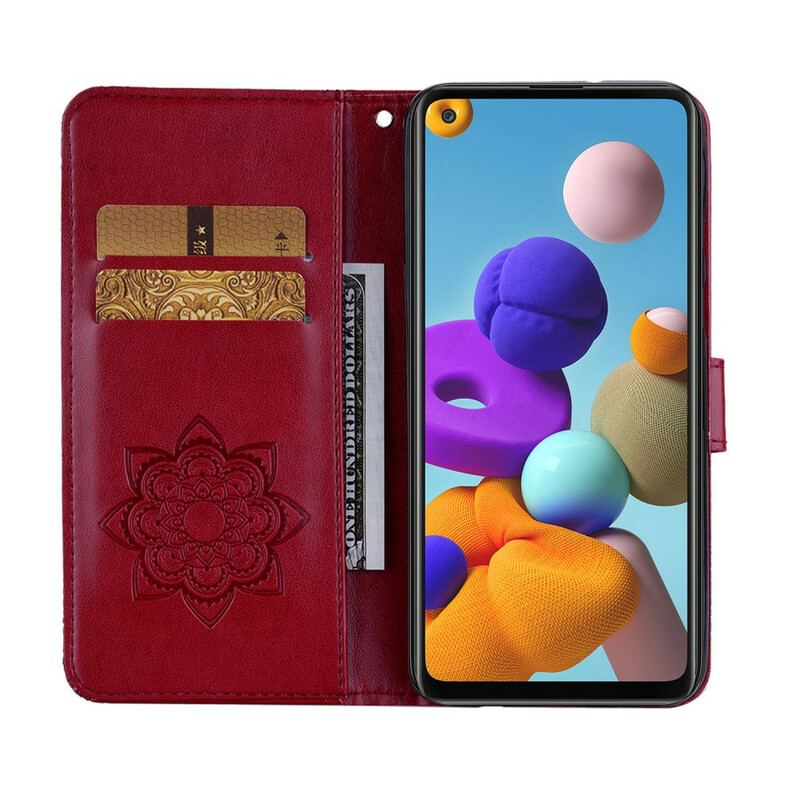 Capa De Couro Para Samsung Galaxy A21s Coruja Mandala E Cordão