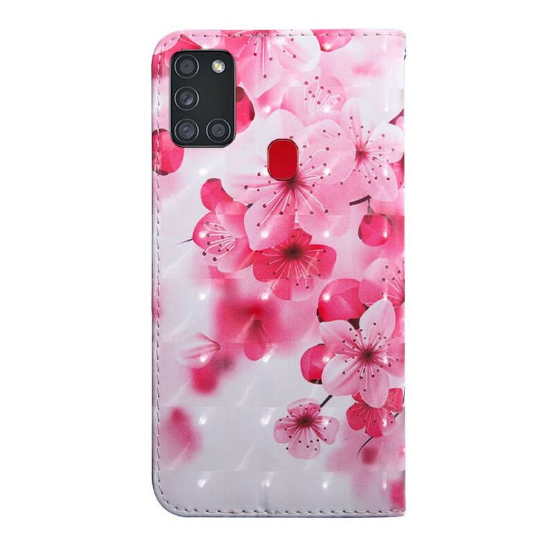 Capa De Couro Para Samsung Galaxy A21s Flores Cor De Rosa