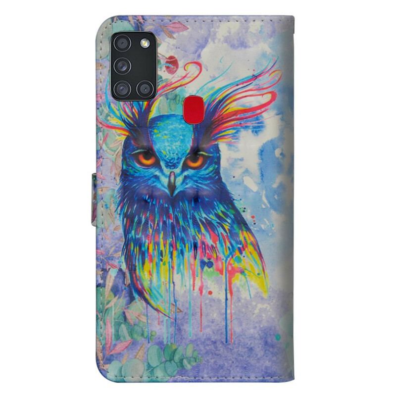 Capa De Couro Para Samsung Galaxy A21s Pássaro Aquarela