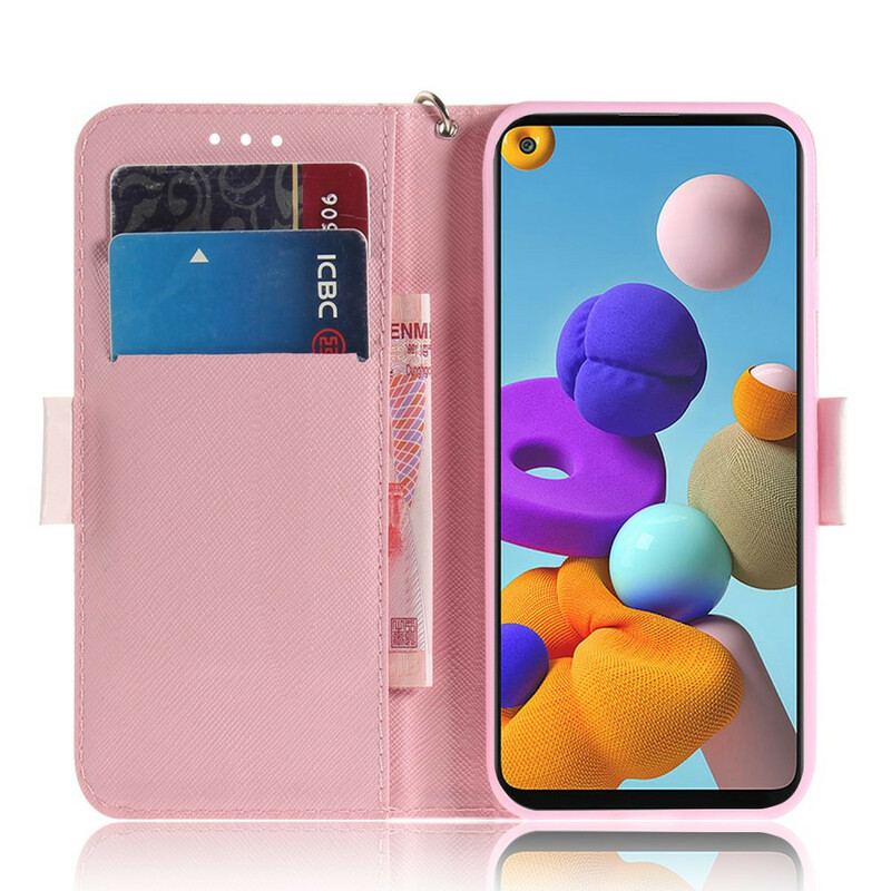 Capa Em Pele Para Samsung Galaxy A21s De Cordão Panda Love Com Cordão