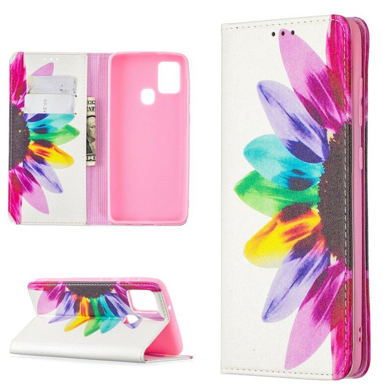 Capa Em Pele Para Samsung Galaxy A21s Flor Aquarela