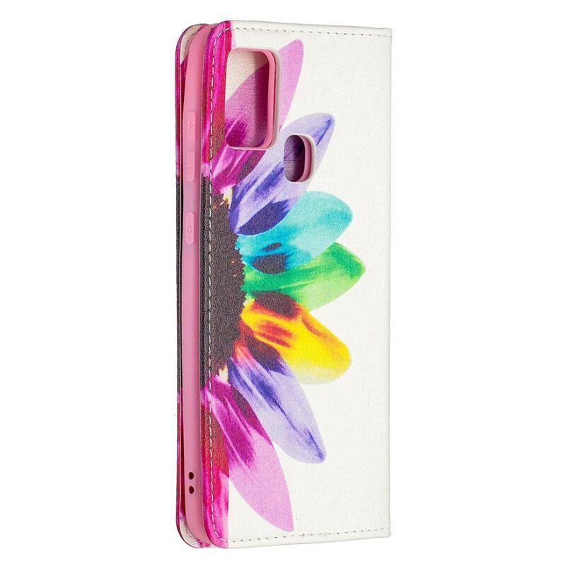 Capa Em Pele Para Samsung Galaxy A21s Flor Aquarela