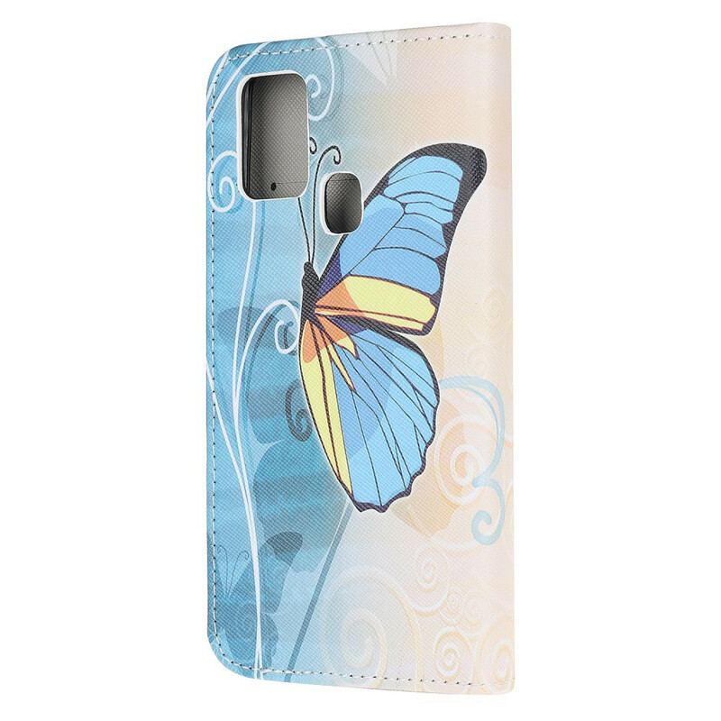 Capa Flip Para Samsung Galaxy A21s Borboleta Azul E Amarela