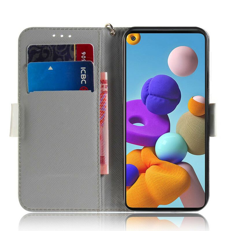 Capa Flip Para Samsung Galaxy A21s De Cordão Árvore De Flores De Cinta