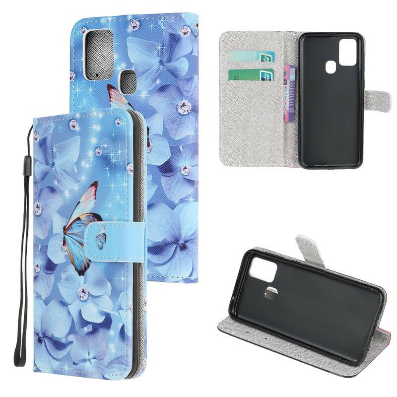 Capa Flip Para Samsung Galaxy A21s De Cordão Borboletas Strappy Diamond