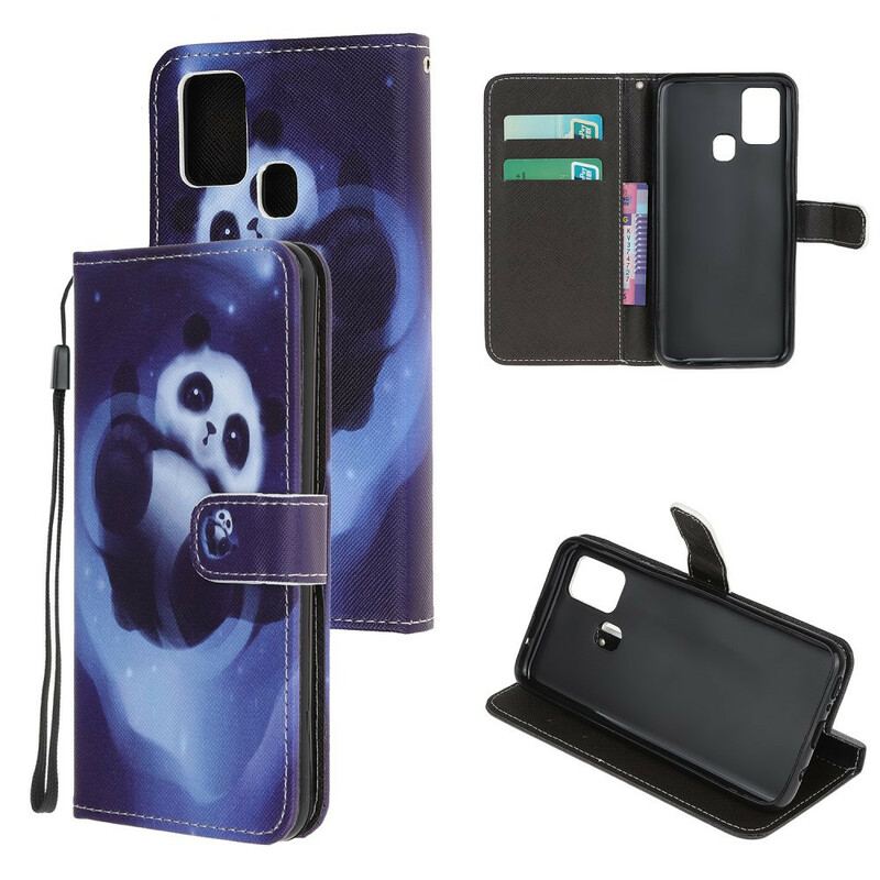 Capa Flip Para Samsung Galaxy A21s De Cordão Espaço Panda Com Lanyard