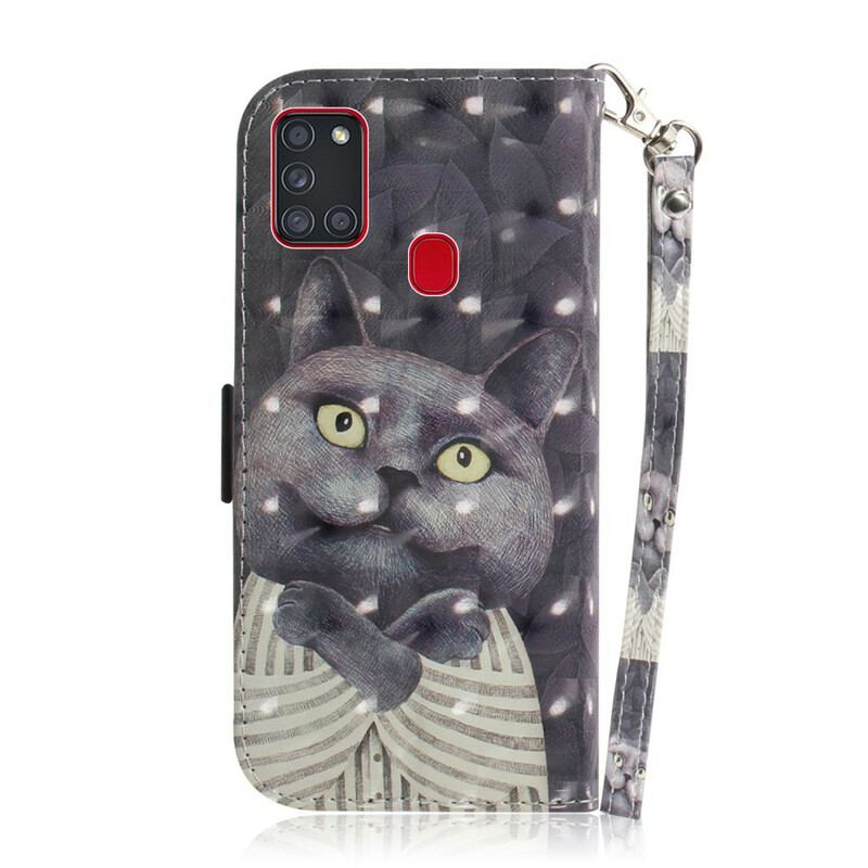 Capa Flip Para Samsung Galaxy A21s De Cordão Gato Cinzento Com Alça