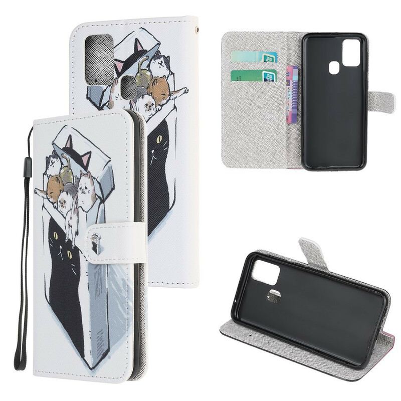 Capa Flip Para Samsung Galaxy A21s De Cordão Gatos De Entrega Com Tangas