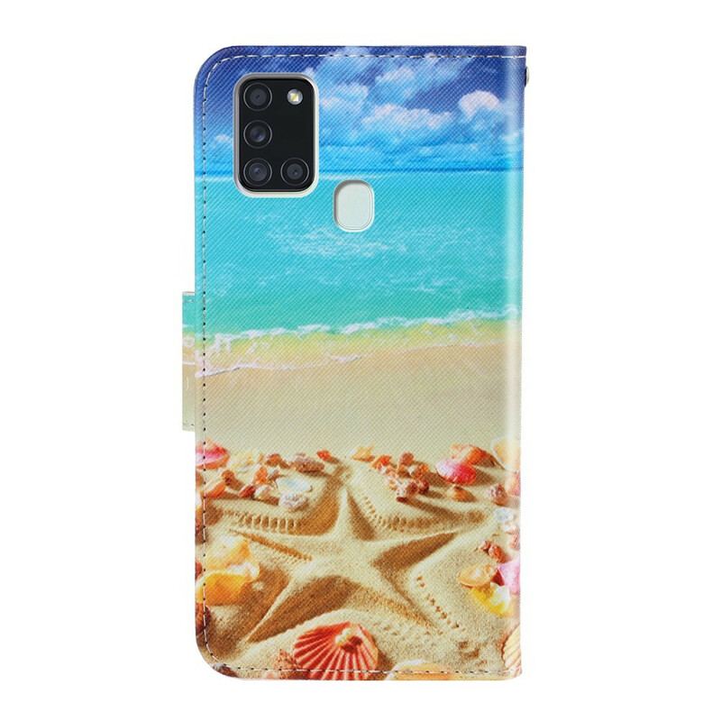 Capa Flip Para Samsung Galaxy A21s De Cordão Praia Da Corda