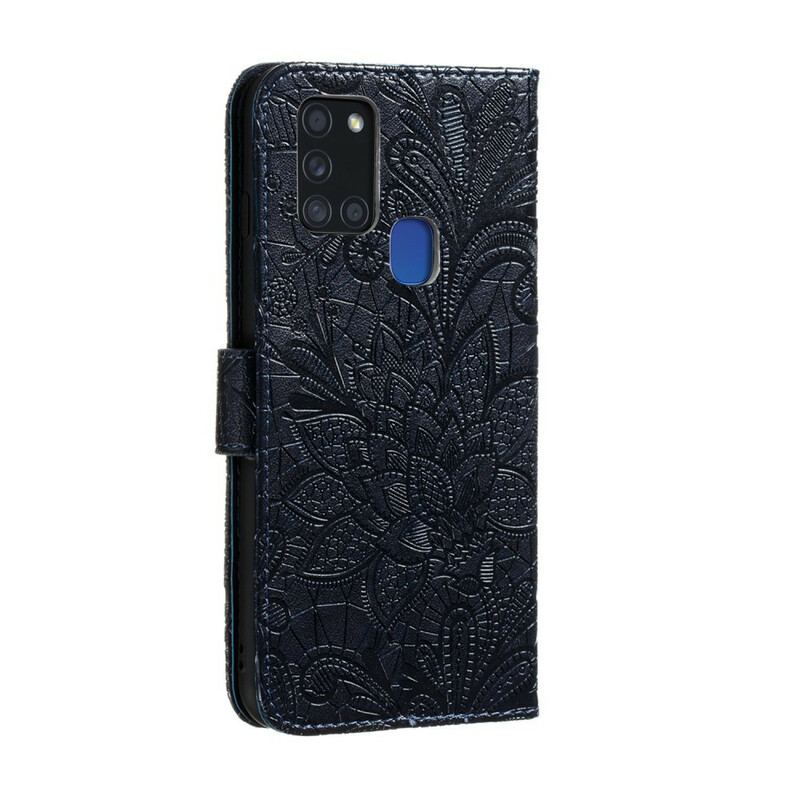 Capa Flip Para Samsung Galaxy A21s De Cordão Strap Flores Tribais