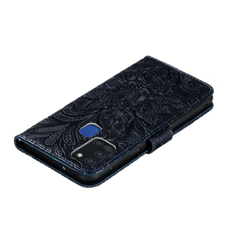 Capa Flip Para Samsung Galaxy A21s De Cordão Strap Flores Tribais