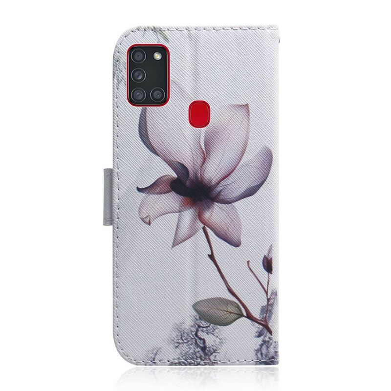 Capa Flip Para Samsung Galaxy A21s Flor Rosa Empoeirado