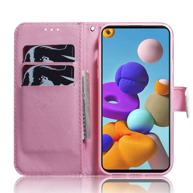 Capa Flip Para Samsung Galaxy A21s Flor Rosa Empoeirado