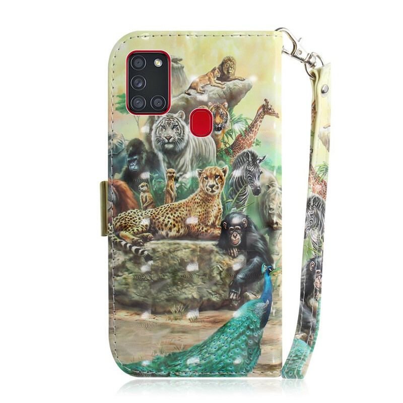 Capa Folio Para Samsung Galaxy A21s De Cordão Animais De Safári Tanga