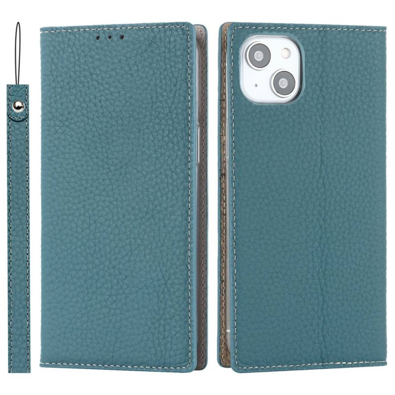 Capa De Celular Para iPhone 14 Plus De Cordão Flip Correia De Couro Litchi Genuíno