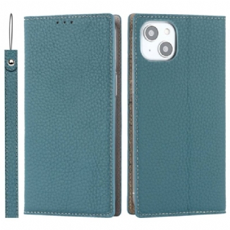 Capa De Celular Para iPhone 14 Plus De Cordão Flip Correia De Couro Litchi Genuíno