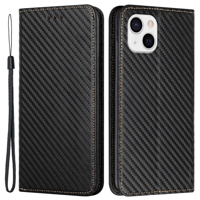 Capa De Celular Para iPhone 14 Plus Flip Fibra De Carbono Com Cordão