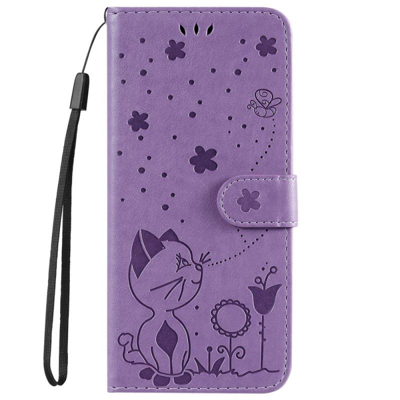 Capa De Couro Para iPhone 14 Plus De Cordão Gato E Abelha Com Cordão