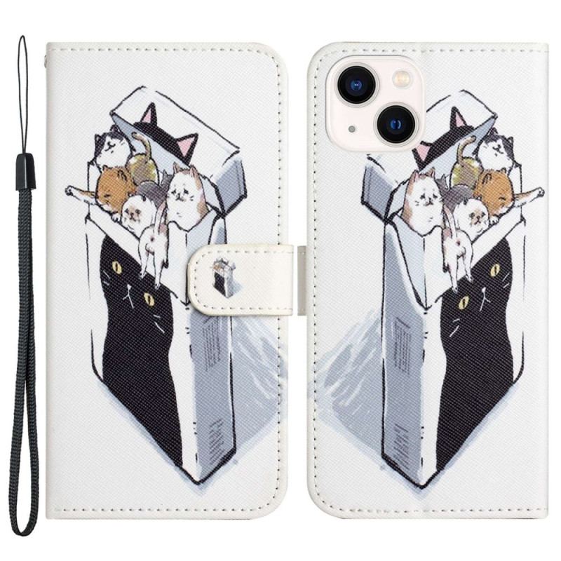 Capa De Couro Para iPhone 14 Plus De Cordão Gatos Engraçados