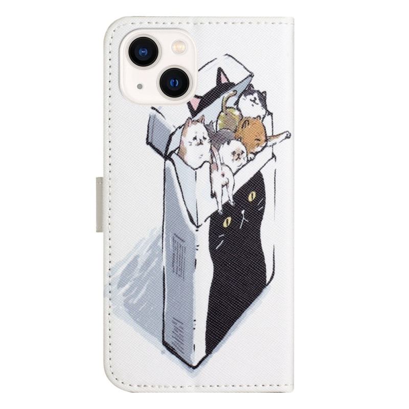 Capa De Couro Para iPhone 14 Plus De Cordão Gatos Engraçados