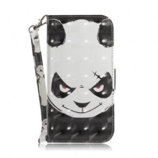 Capa De Couro Para iPhone 14 Plus De Cordão Panda Irritado Com Cordão