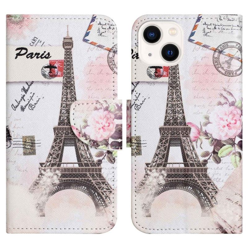 Capa De Couro Para iPhone 14 Plus Torre Eiffel Antiga