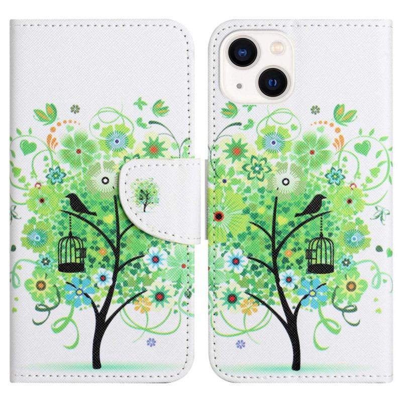 Capa Em Pele Para iPhone 14 Plus Folhagem Verde