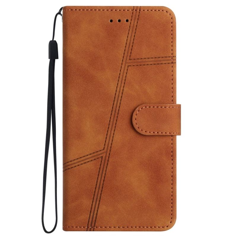 Capa Flip Para iPhone 14 Plus De Cordão Alça Com Costura Geométrica Efeito Couro