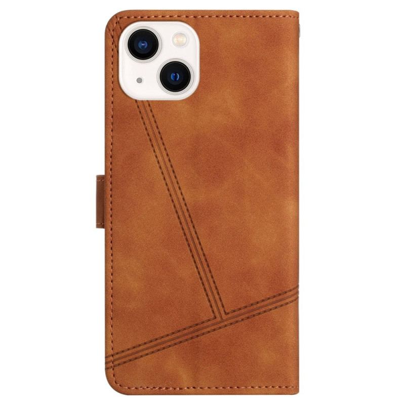 Capa Flip Para iPhone 14 Plus De Cordão Alça Com Costura Geométrica Efeito Couro