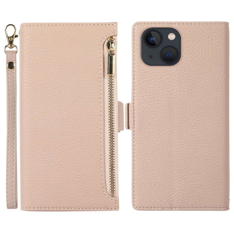 Capa Flip Para iPhone 14 Plus De Cordão Couro Lichia Com Alça E Zíper