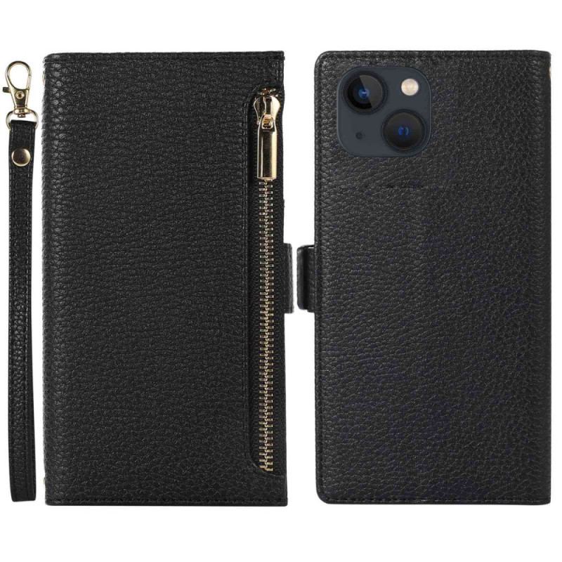 Capa Flip Para iPhone 14 Plus De Cordão Couro Lichia Com Alça E Zíper