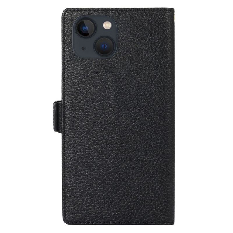 Capa Flip Para iPhone 14 Plus De Cordão Couro Lichia Com Alça E Zíper