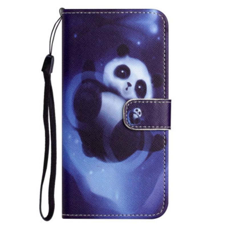 Capa Flip Para iPhone 14 Plus De Cordão Panda No Espaço Com Cordão