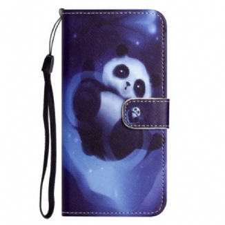 Capa Flip Para iPhone 14 Plus De Cordão Panda No Espaço Com Cordão