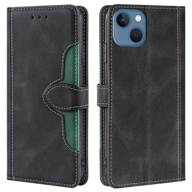 Capa Flip Para iPhone 14 Plus Couro Sintético Bicolor Estiloso