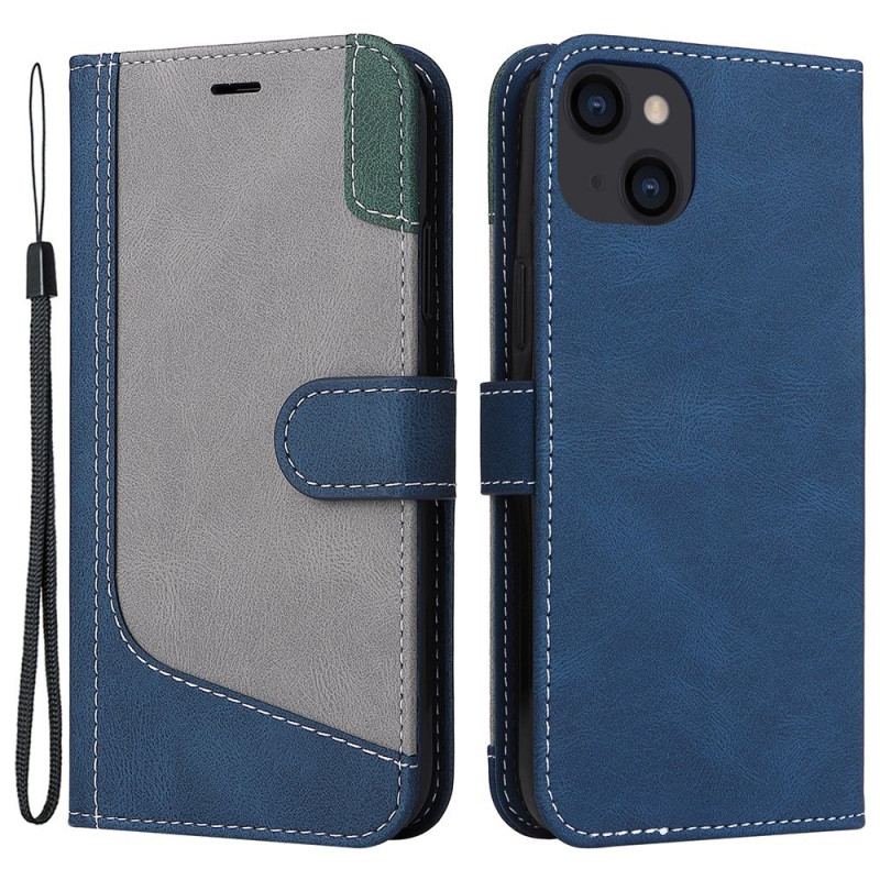 Capa Flip Para iPhone 14 Plus Tricolor Com Cordão