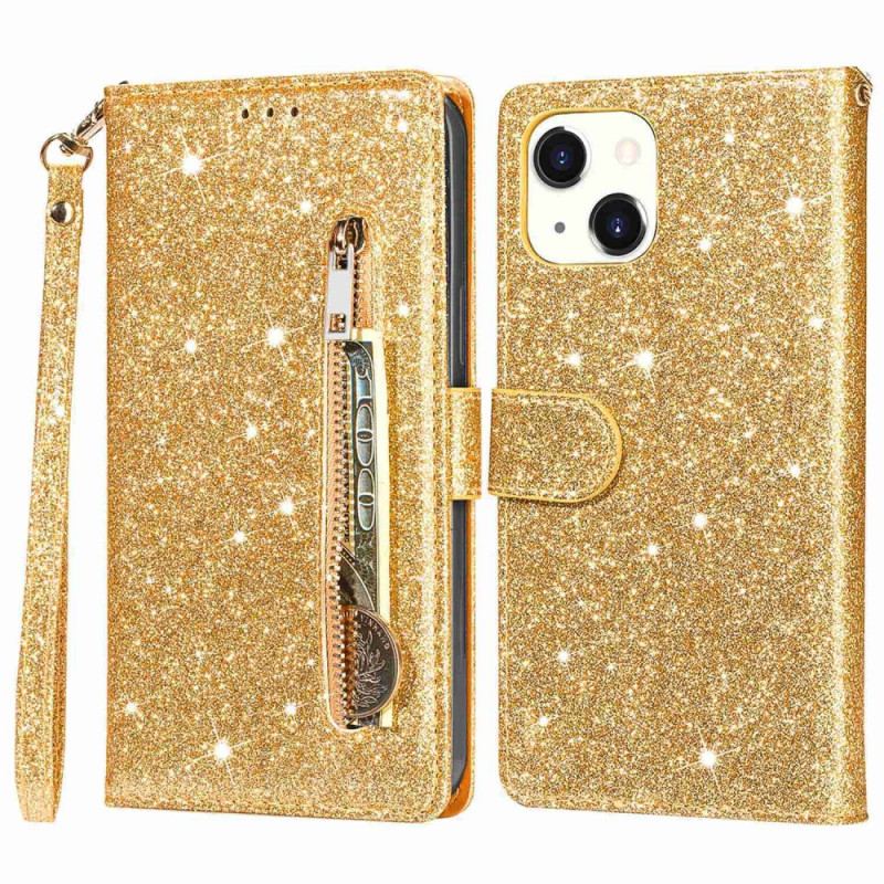 Capa Folio Para iPhone 14 Plus Bolsa De Moedas Glitter