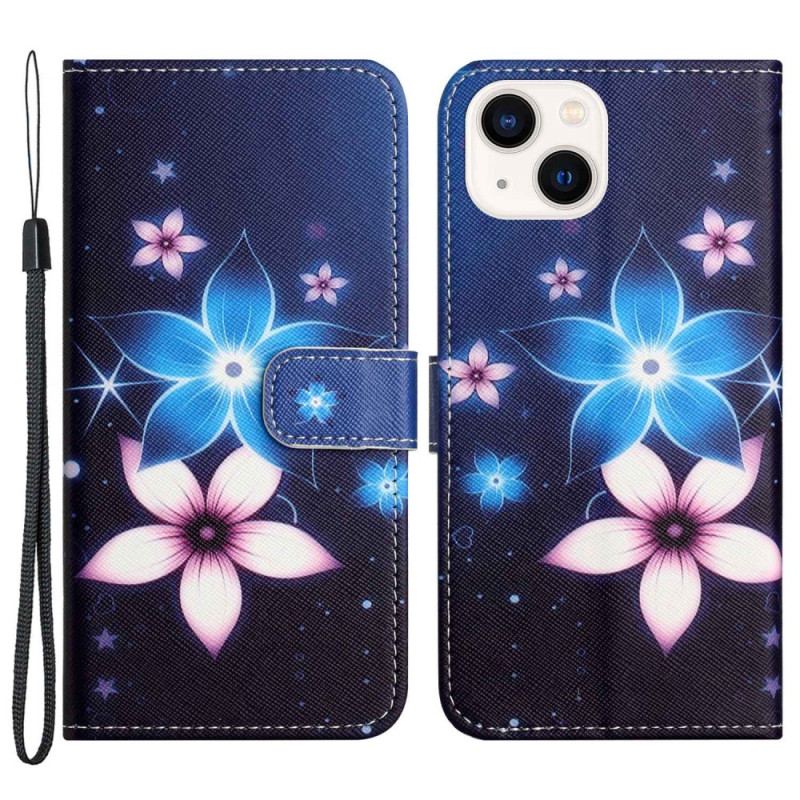 Capa Folio Para iPhone 14 Plus De Cordão Flores De Cinta Lunar