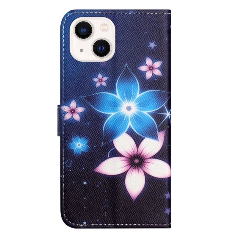 Capa Folio Para iPhone 14 Plus De Cordão Flores De Cinta Lunar