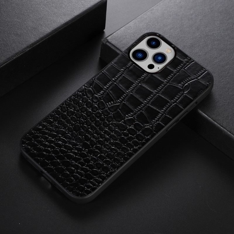 Capa Para iPhone 14 Plus Couro Genuíno Com Textura De Crocodilo