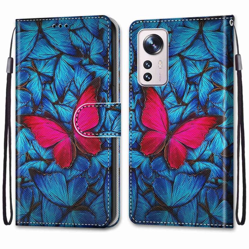 Capa De Couro Para Xiaomi 12 / 12X De Cordão Borboleta Vermelha Com Alça