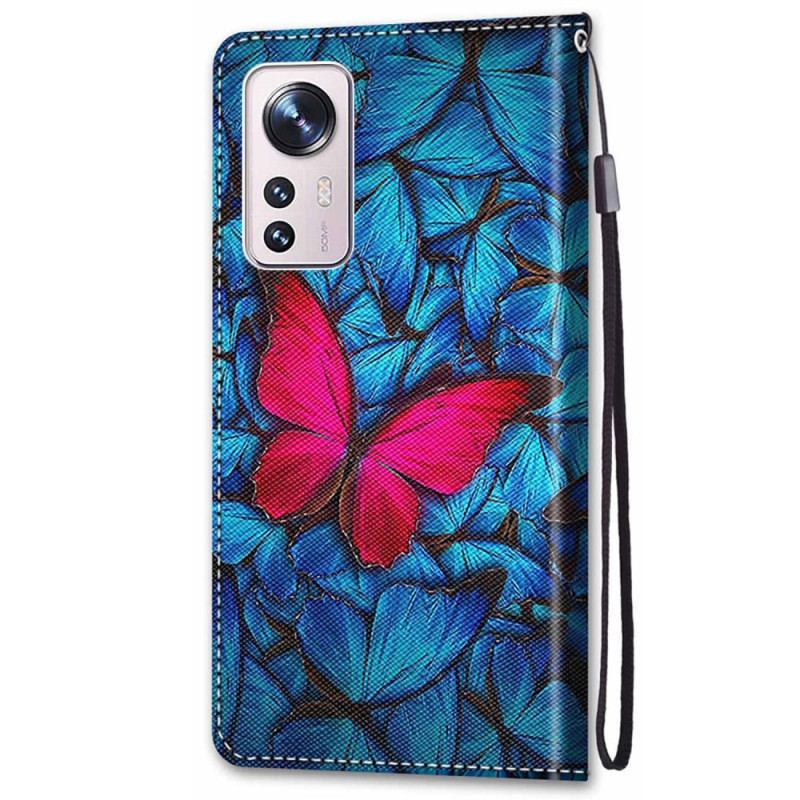 Capa De Couro Para Xiaomi 12 / 12X De Cordão Borboleta Vermelha Com Alça