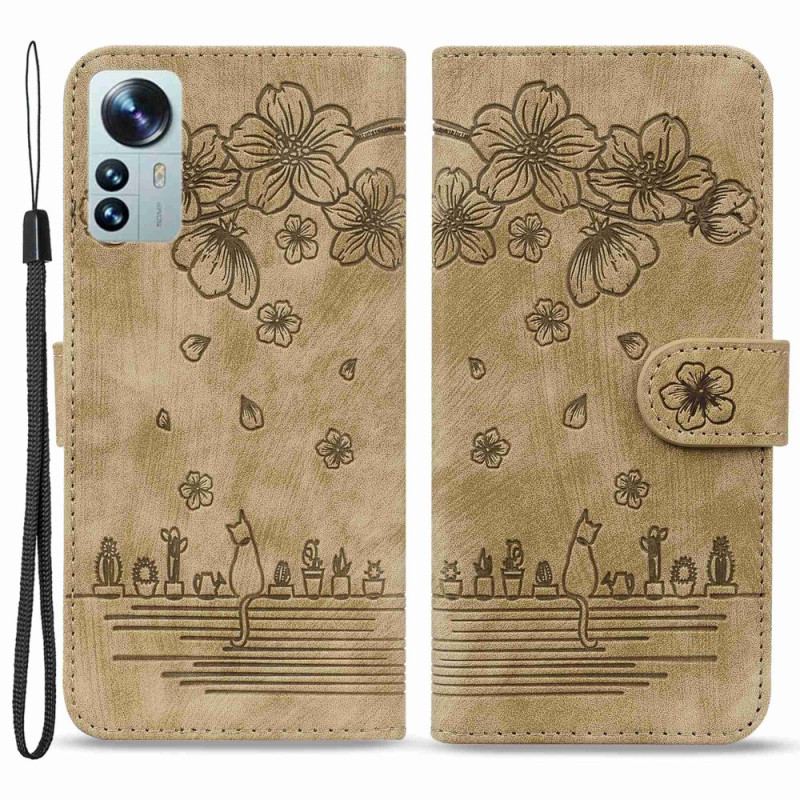 Capa De Couro Para Xiaomi 12 / 12X De Cordão Fio Dental Floral Gato