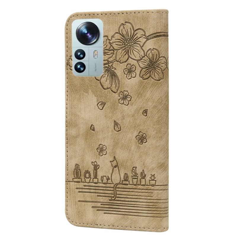 Capa De Couro Para Xiaomi 12 / 12X De Cordão Fio Dental Floral Gato