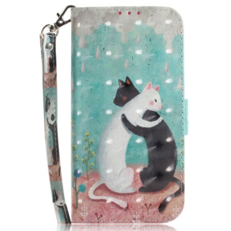 Capa De Couro Para Xiaomi 12 / 12X De Cordão Gato Preto Gato Branco Com Alça