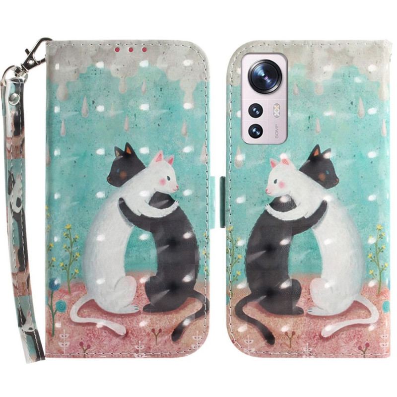 Capa De Couro Para Xiaomi 12 / 12X De Cordão Gato Preto Gato Branco Com Alça