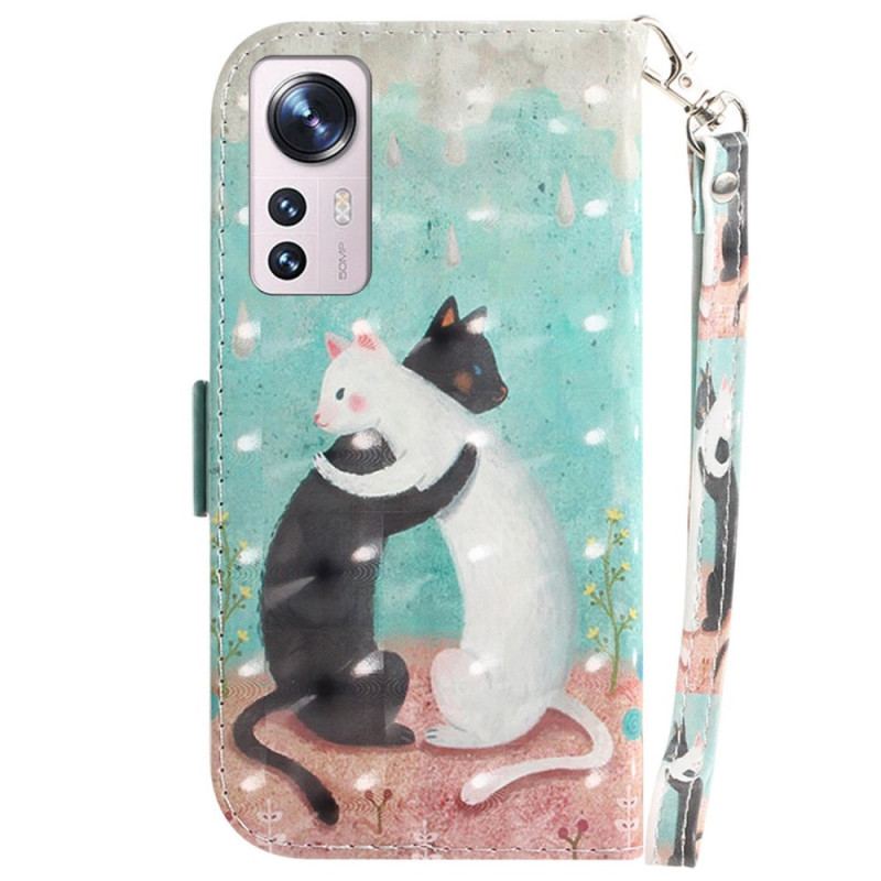 Capa De Couro Para Xiaomi 12 / 12X De Cordão Gato Preto Gato Branco Com Alça